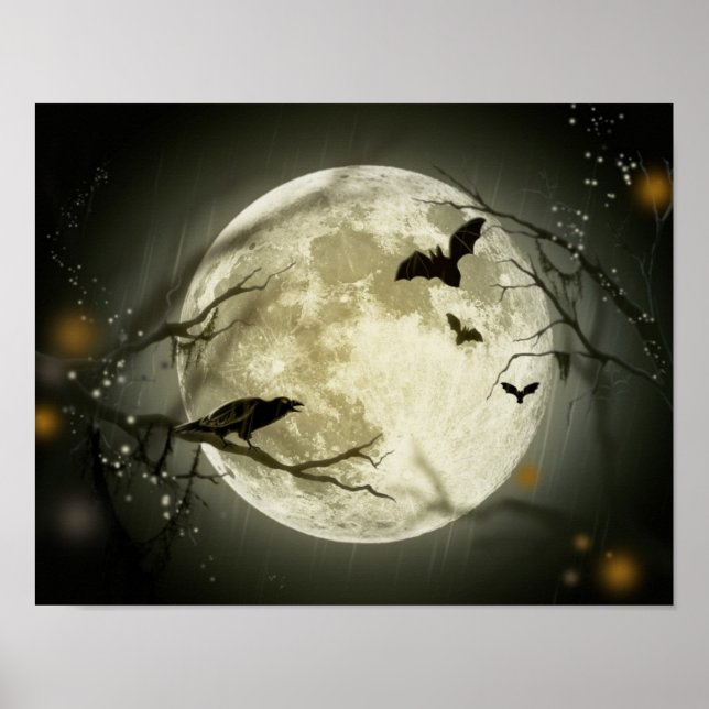 Poster Pleine lune avec chauves-souris et corbeau (Devant)