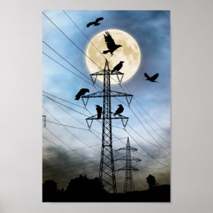 Poster Pleine lune, corneilles, lignes électriques et tou