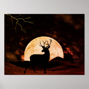 Poster Pleine lune, éclair et Silhouette Buck