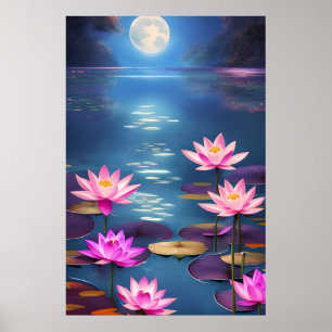 Poster Pleine lune et belles fleurs de Lotus roses
