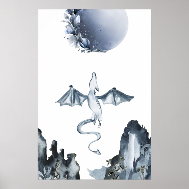 Poster Pleine lune et Dragon Dusty Blue (Devant)
