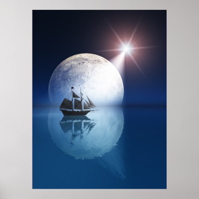 Poster Pleine lune et étoile sur navire (Devant)