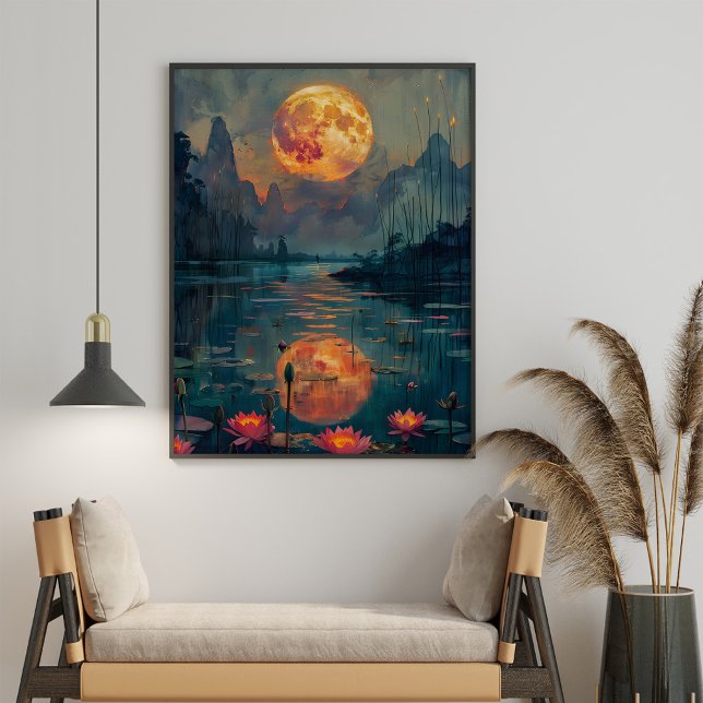 Poster Pleine lune et lac avec des fleurs de Lotus peintu (Full Moom and Lake with Lotus Flowers Painting Poster in a boho living room.)