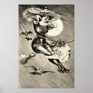 Poster Pleine lune Monochrome Sorcière Volant Broom Bat