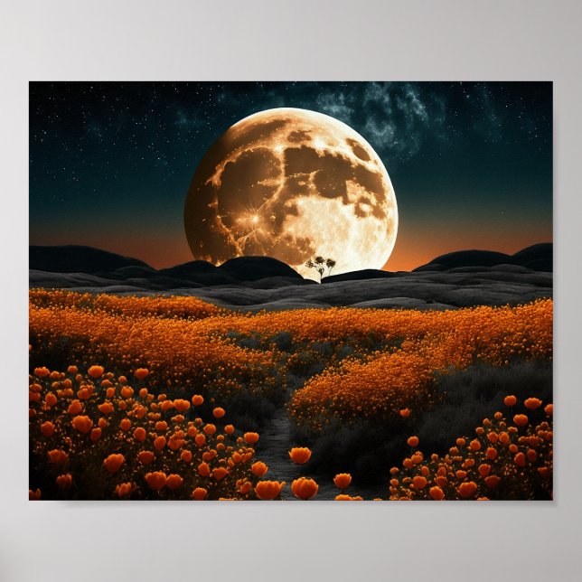 Poster Pleine lune Orange Champ de Fleurs (Devant)