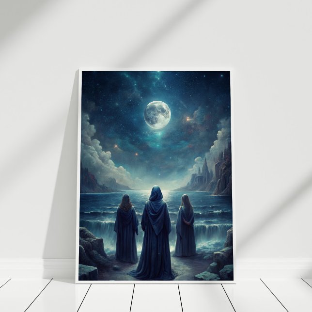 Poster Pleine lune Prêtesses Mug - Vibes de cuisine lunai (Full Moon Priestesses Mug – Lunar Witchy Vibes Poster in a white wooden frame)