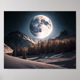 Poster Pleine lune sur la montagne des neiges des arbres