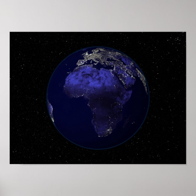 Poster Pleine Terre la nuit montrant l'Afrique et l'Europ (Devant)