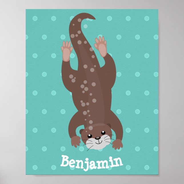 Poster Plongée de loutre mignonne sur dessin animé turquo (Devant)