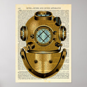 Poster Plongée du casque de plongée Vintage nautique - Di
