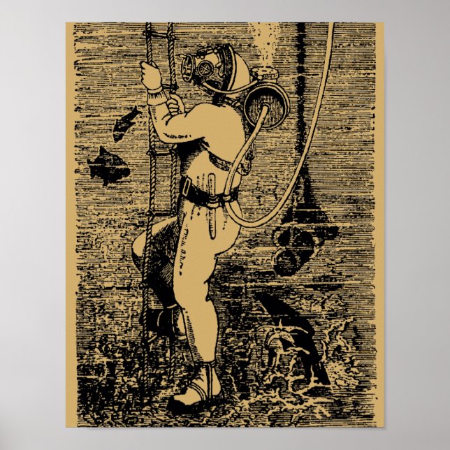 Poster Plongeur de mer profonde vintage Steampunk (Devant)