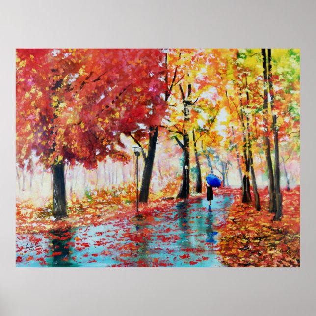 Poster Pluie d'automne et parapluie (Devant)