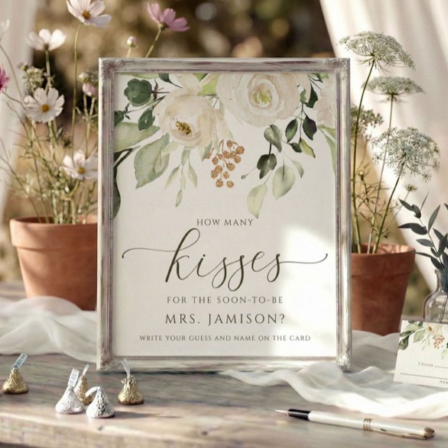 Poster Pluie de baisers pour la future Mme - Jeu de douch (How many kisses bridal shower game sign - custom printed (frame not included) watercolor floral.)