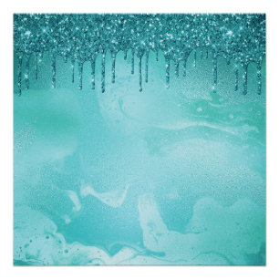 Poster Pluie de Parties scintillant turquoise sur marbre 
