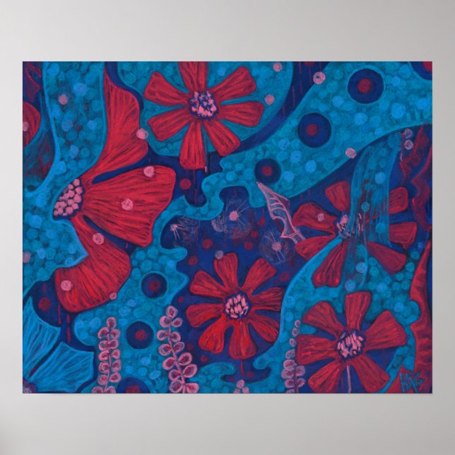 Poster Pluie estivale Fleurs d'Imaginaire bleu rose flora (Devant)