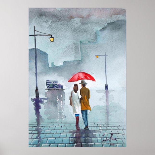 Poster Pluie jour romantique couple rouge parapluie (Devant)
