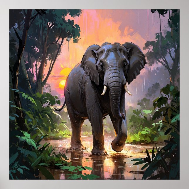 Poster Pluie vive et peinture d'éléphant au coucher du so (Devant)