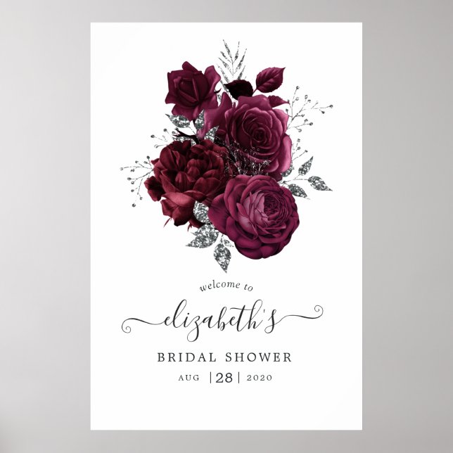 Poster Plum de Bourgogne et floral d'argent (Devant)