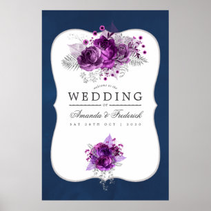 Poster Plum et marine Aquarelle Florale Mariage Bienvenue
