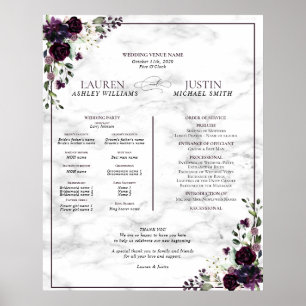 Poster Plum Purple Floral Marbre Programme de mariage Pos