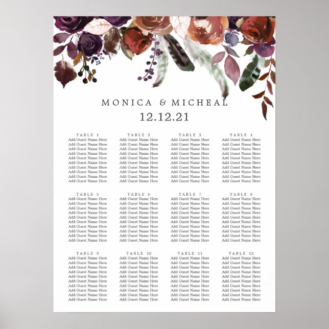 Poster Plum rustique | Plan Mariage en plumes de fleurs (Devant)