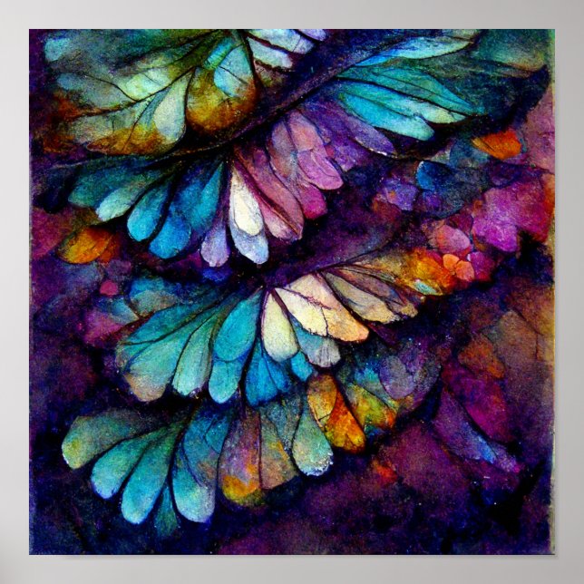 Poster Plumes Arc-en-ciel fleuri Encre d'alcool (Devant)