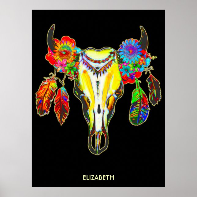 Poster Plumes de crâne de vache tribale psychédélique (Devant)