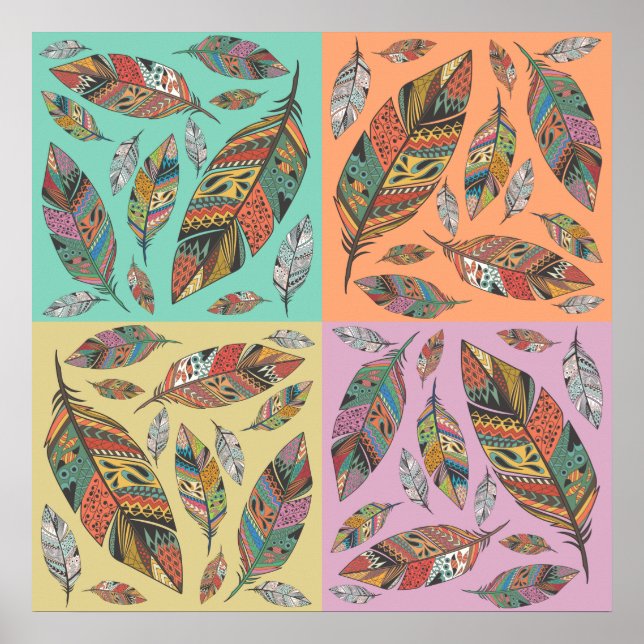 Poster Plumes de design tribal sur quatre Carrés couleur (Devant)