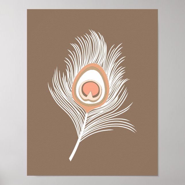 Poster Plumes de paon blanc et pêche sur Taupe Tan (Devant)
