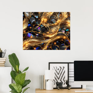 Poster Plumes d'or de luxe et Motif étincelant en pierre