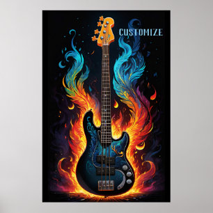 Poster Plumes Et Flammes Basse Électrique Guitare