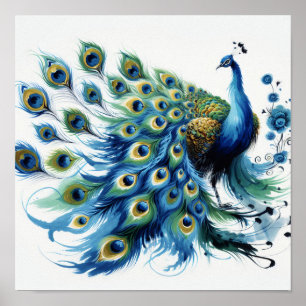 Poster Plumes majestueuses : Art numérique Peacock bleu