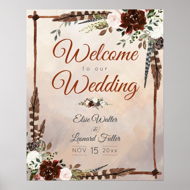 Poster Plumes rustiques de bois et fleurs florales (Devant)