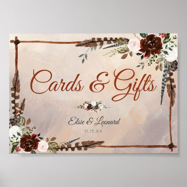 Poster Plumes rustiques de bois et fleurs florales (Devant)