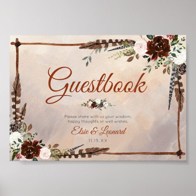 Poster Plumes rustiques de bois et fleurs florales (Devant)