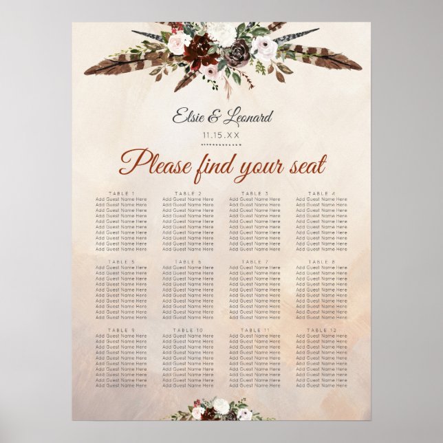 Poster Plumes rustiques de bois et fleurs florales (Devant)