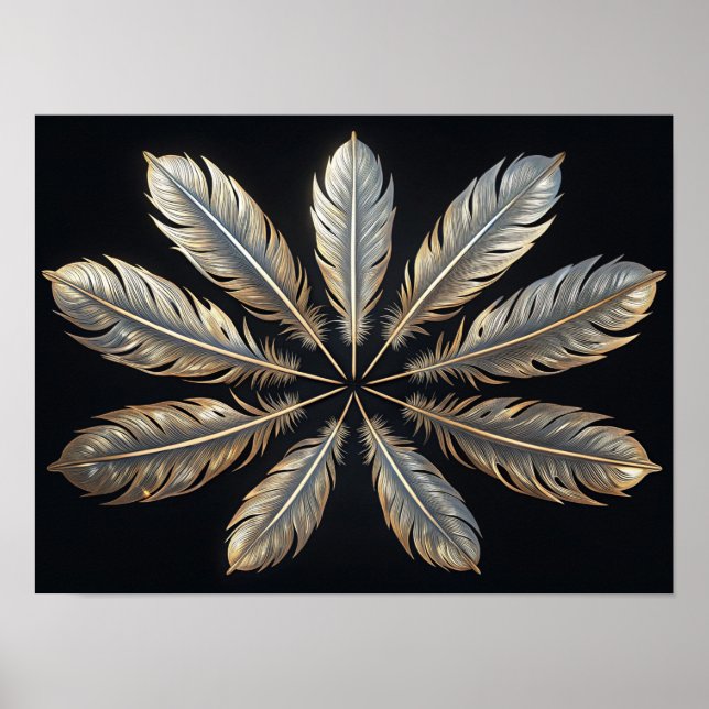 Poster Plumes symétriques : Elégance or & argent (Devant)
