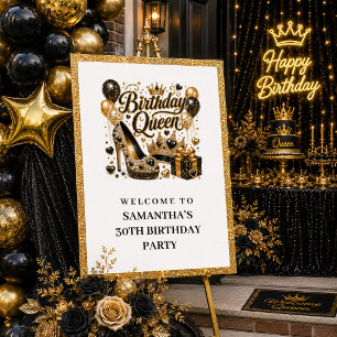 Poster Po Bienvenue Reine Anniversaire Or Noir Étincelant