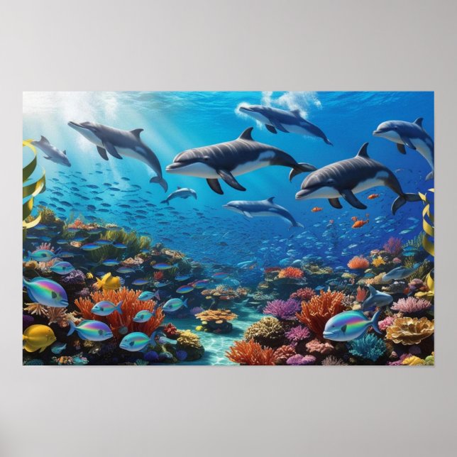 Poster Pod de dauphins dynamiques et poissons - Récif de  (Devant)