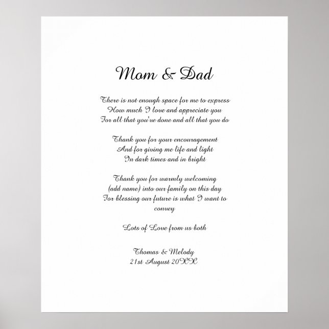 Poster Poem Parents Mariée Mariage Merci Cadeau (Devant)