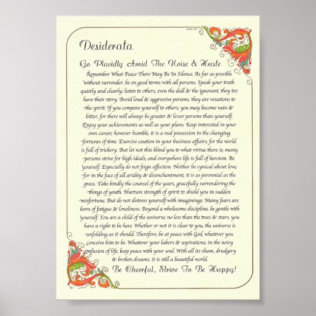 Poster Poème de Desiderata par Max Ehrmann (Devant)
