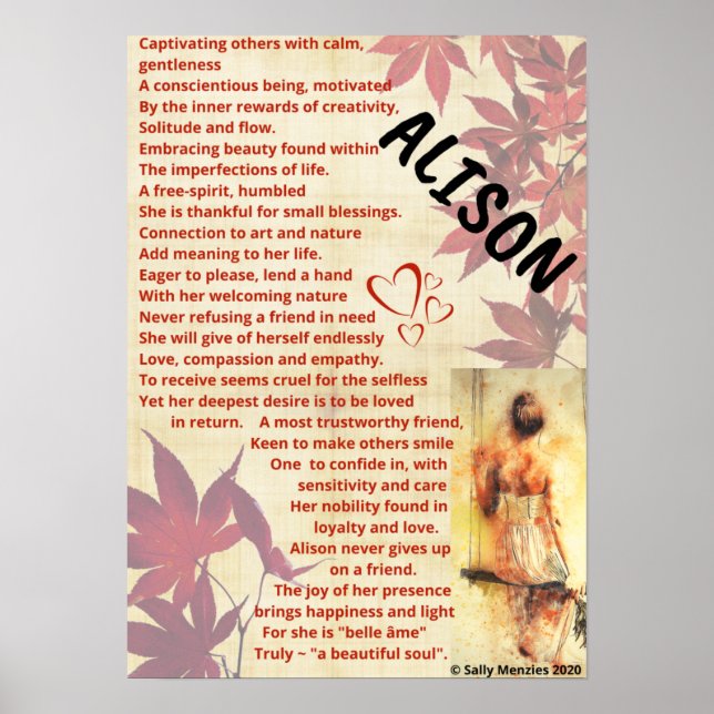 Poster Poème de nom "Alison" (Devant)