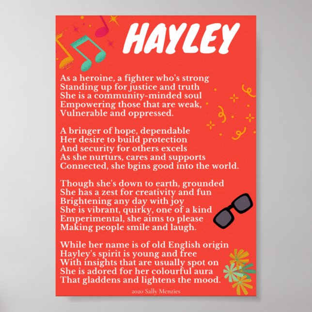 Poster Poème de nom "Hayley" (Devant)