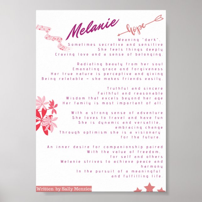 Poster Poème de nom "Mélanie" (Devant)
