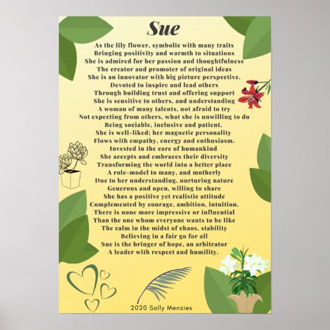 Poster Poème de nom "Sue" (Devant)