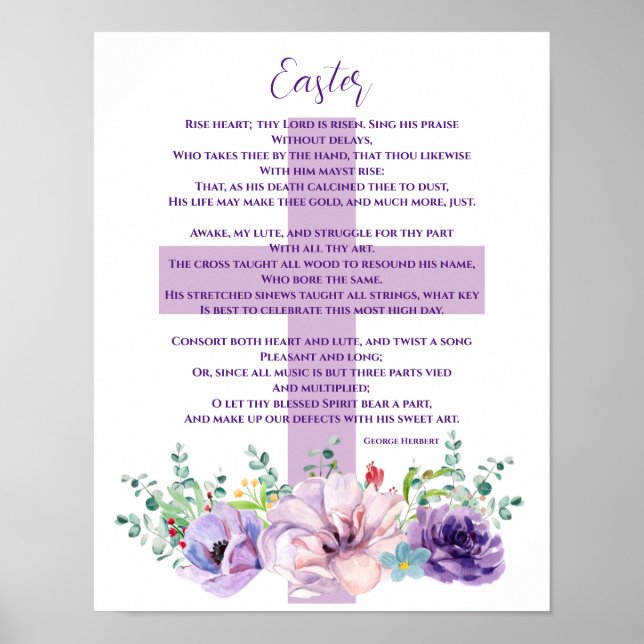 Poster Poème de Pâques Chrétien Fleurs pourpres & Croix (Devant)