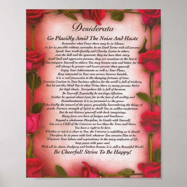 Poster Poème Desiderata avec des Roses rouges pour maman (Devant)