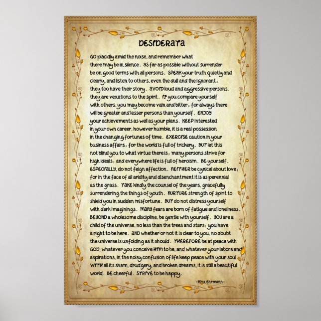 Poster Poème Desiderata sur le Brown et l'or (Devant)