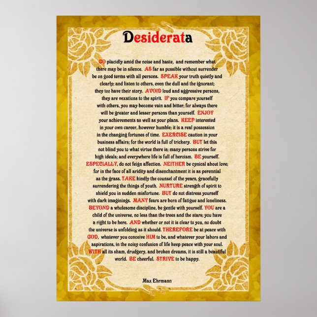 Poster Poème Desiderata Sur Poème Sur Papier Vintage (Devant)