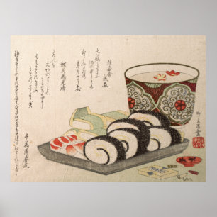 Poster Poème japonais antique imprimé en bois Sushi Sake
